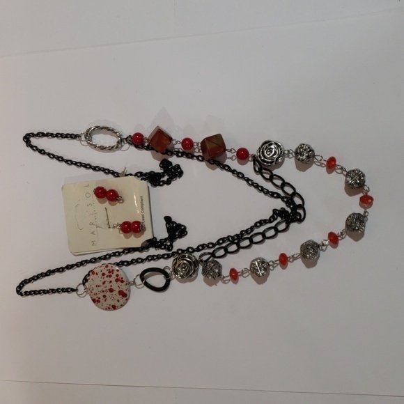 Gunmetal Chain - Layered Various Sizes Colorful Beads Necklace Matching Earrings - Picture 7 of 7